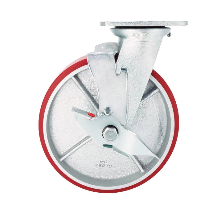 8 inch red polyurethane on iron swivel caster with brake