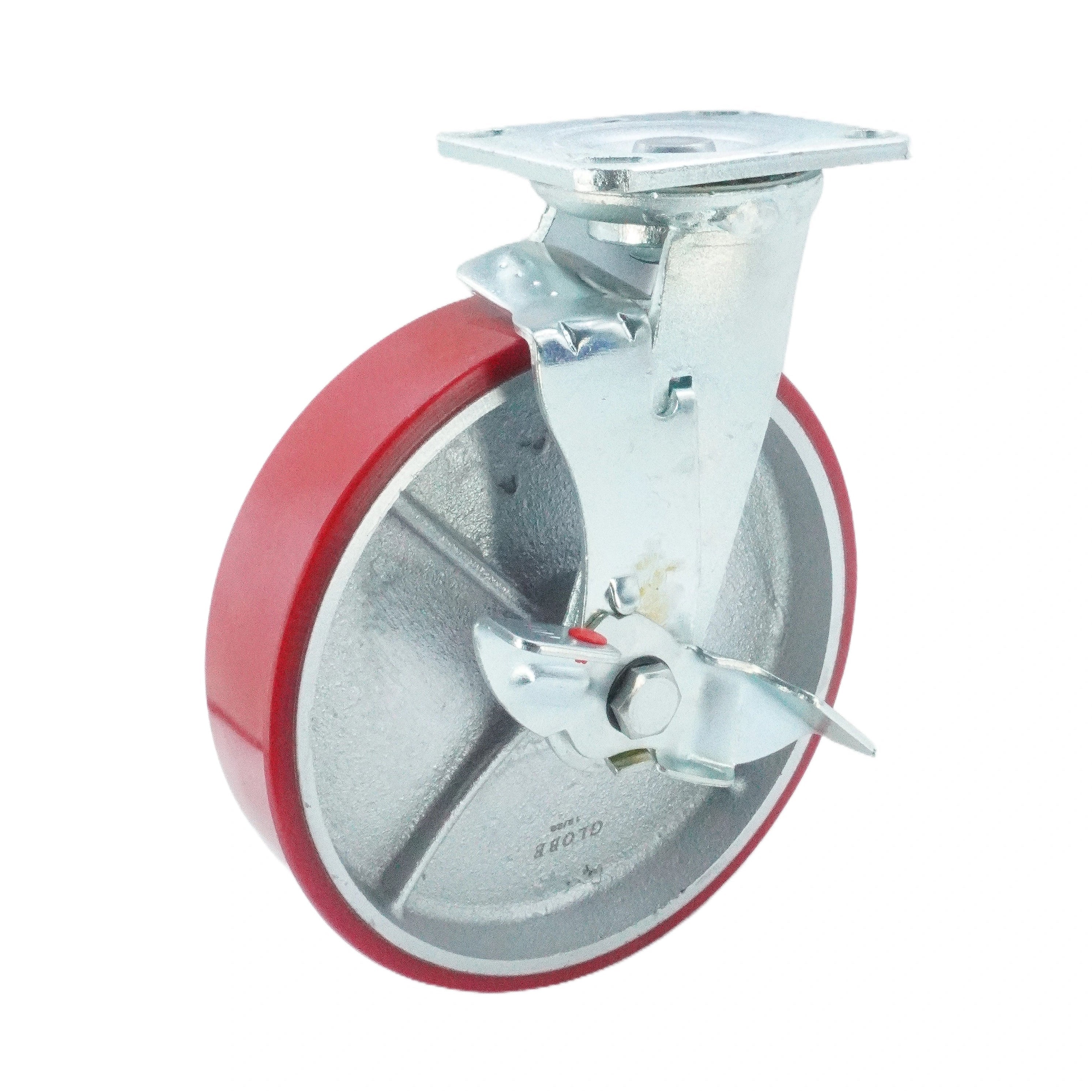 8 inch Polyurethane-on-Iron Wheel Swivel Caster with Brake (Top Plate, Roller Bearing) – 926 lbs Capacity