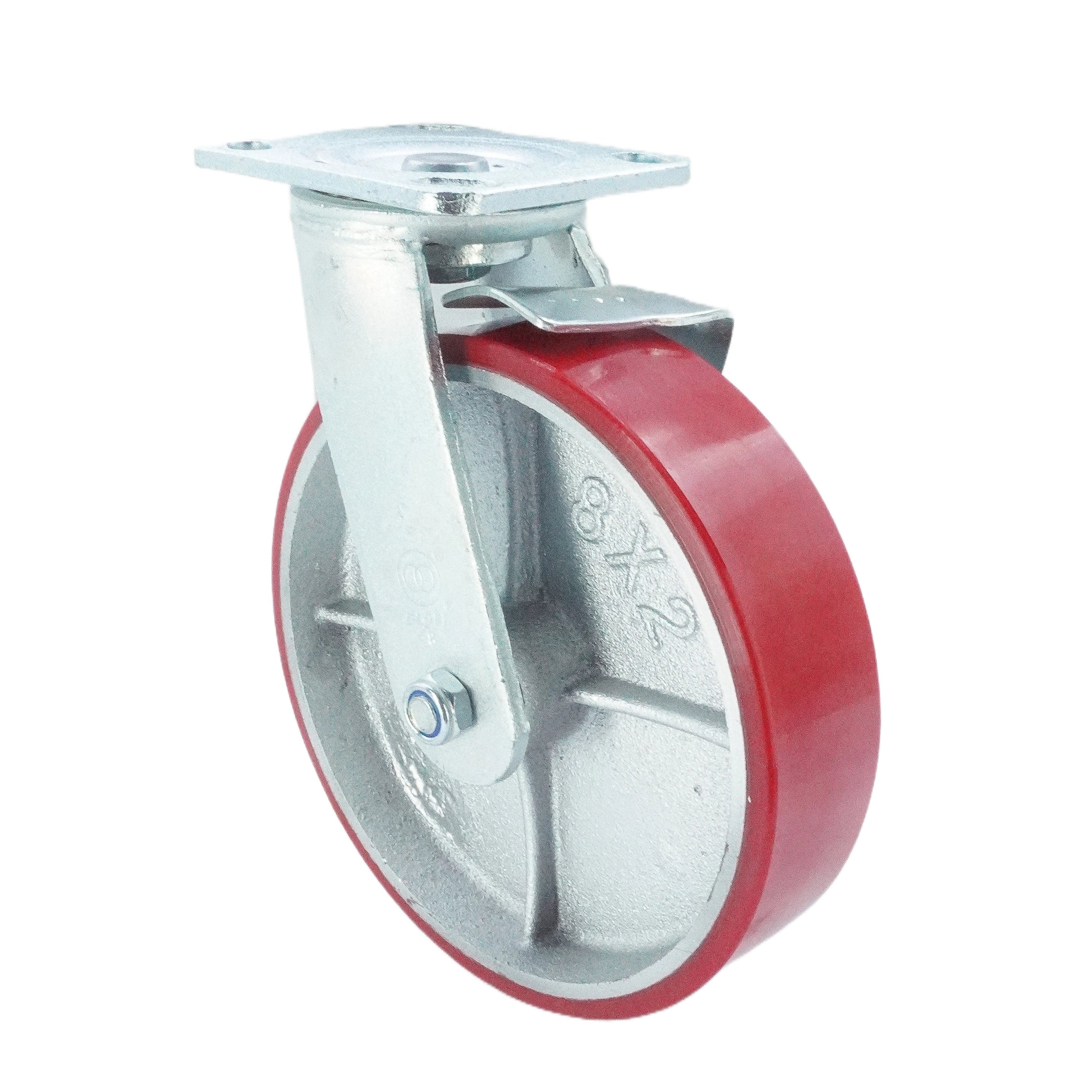 8 inch Polyurethane-on-Iron Wheel Swivel Caster with Brake (Top Plate, Roller Bearing) – 926 lbs Capacity
